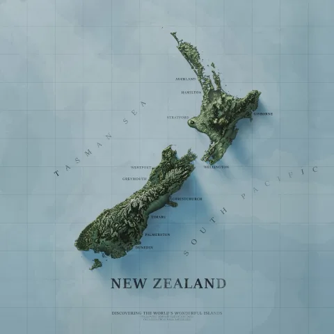 Artistic terrain elevation map of New Zealand designed by Uri O'Callaghan